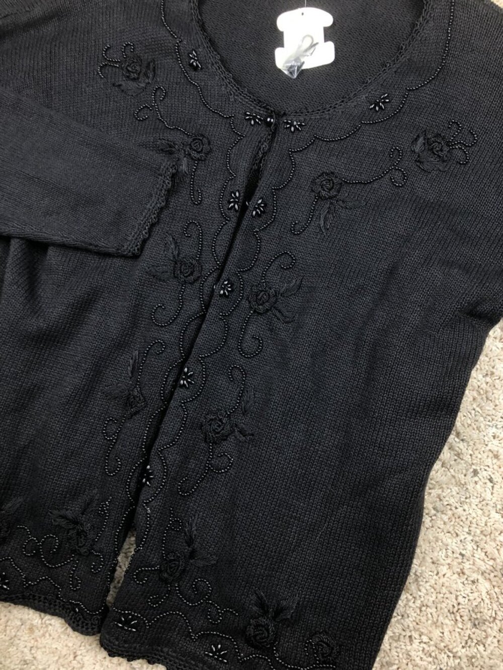 Vtg Orvis Cardigan Sweater Womens XL Long Sleeve Knit Floral Design Black NWT - Picture 4 of 8